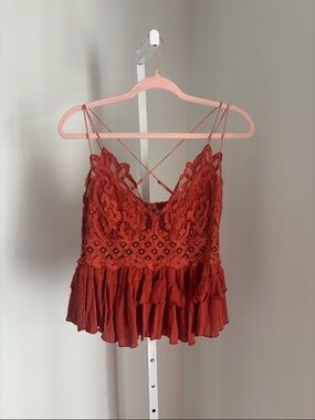Free People Rust Red Lace Trim Spaghetti Strap Camisole